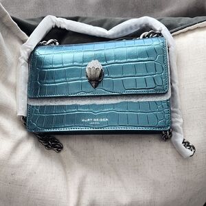 Kurt Geiger Teal Croc-Embossed Crossbody Bag with Silver Shell Clasp